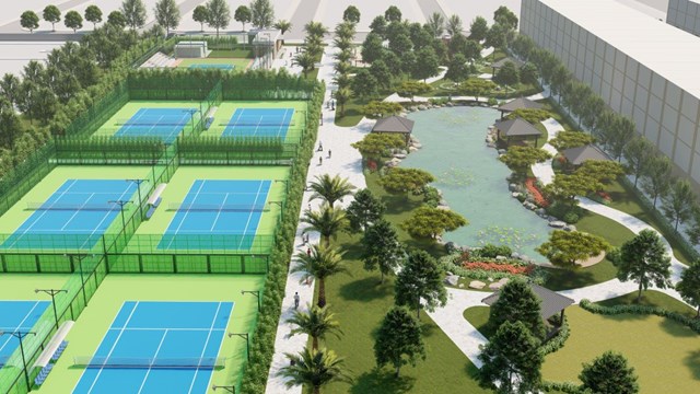 Cụm s&acirc;n tennis đạt chuẩn quốc tế v&agrave; s&acirc;n tập golf đang dần được ho&agrave;n thiện tại Empire Park