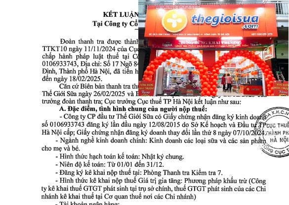 Kết luận thanh tra thuế tại C&ocirc;ng ty CP đầu tư Thế giới Sữa.