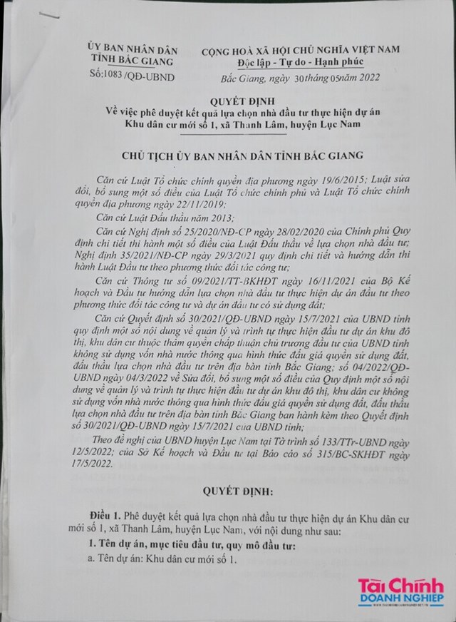 UBND tỉnh Bắc Giang c&oacute; Quyết định số 1083/QĐ-UBND về việc ph&ecirc; duyệt kết quả lựa chọn nh&agrave; đầu tư thực hiện dự &aacute;n Khu d&acirc;n cư mới số 1 x&atilde; Thanh L&acirc;m, huyện Lục Nam.