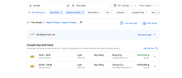 Mức gi&aacute; chặng bay khứ hồi H&agrave; Nội - Ph&uacute; Quốc v&agrave;o dịp lễ của Vietnam Airlines l&ecirc;n tới hơn 11,5 triệu đồng/v&eacute;.