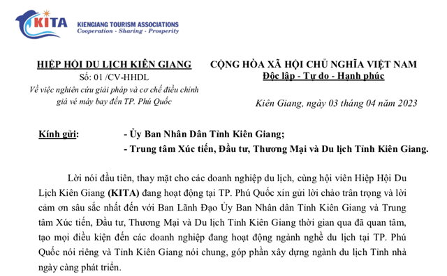 Hiệp hội du lịch Ki&ecirc;n Giang kiến nghị c&aacute;c cơ quan chức năng c&oacute; giải ph&aacute;p v&agrave; cơ chế điều chỉnh gi&aacute; v&eacute; m&aacute;y bay đến Ph&uacute; Quốc.