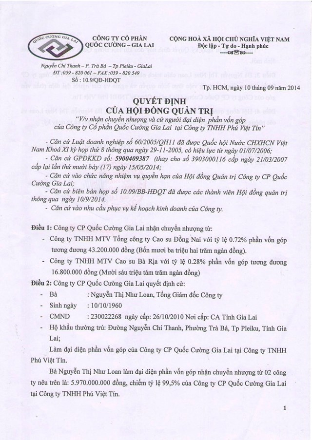 Qua c&aacute;c thương vụ mua b&aacute;n, Quốc Cường Gia Lai nắm 99,5% vốn cổ phần tại C&ocirc;ng ty Ph&uacute; Việt T&iacute;n.