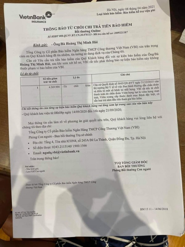 Tới ng&agrave;y 8/4/2021, VBI tiếp tục ra th&ocirc;ng b&aacute;o nhưng với nội dung từ chối chi trả tiền bảo hiểm. &nbsp;