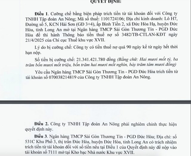C&ocirc;ng ty TNHH Tập đo&agrave;n An N&ocirc;ng c&oacute; số tiền thuế nợ qu&aacute; 90 ng&agrave;y hơn 21,34 tỷ đồng