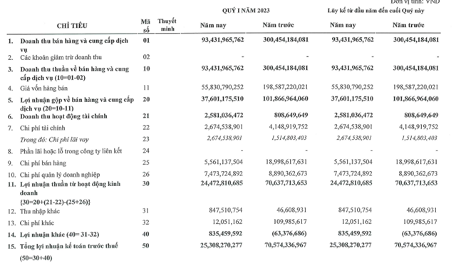 Lợi nhuận trước thuế qu&yacute; I/2023&nbsp;giảm 64%. Nguồn: B&aacute;o c&aacute;o t&agrave;i ch&iacute;nh hợp nhất qu&yacute; I/2023 Tập đo&agrave;n COTANA