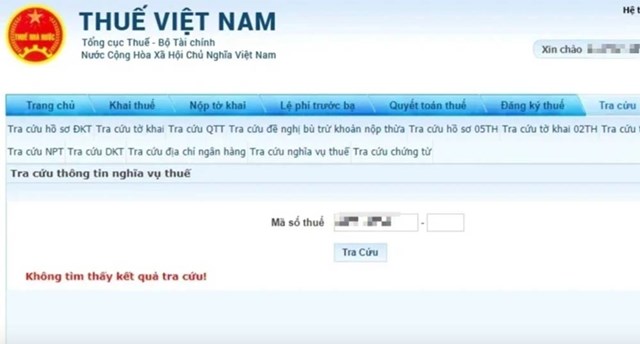 Kết quả tra cứu nghĩa vụ thuế