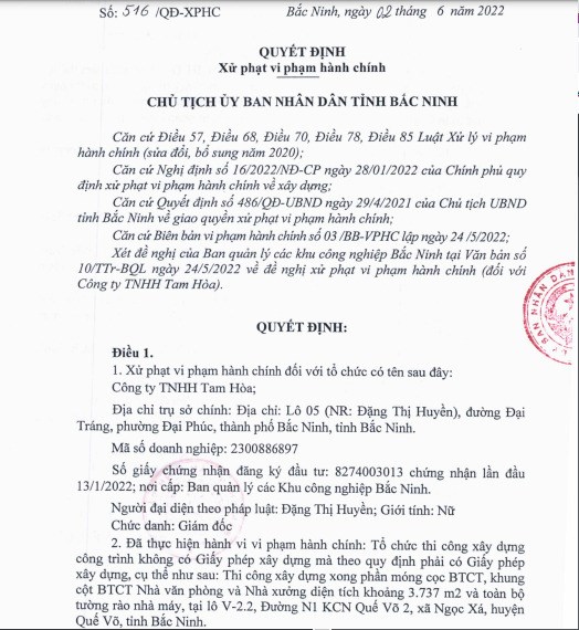 Quyết định xử phạt C&ocirc;ng ty TNHH Tam H&ograve;a.