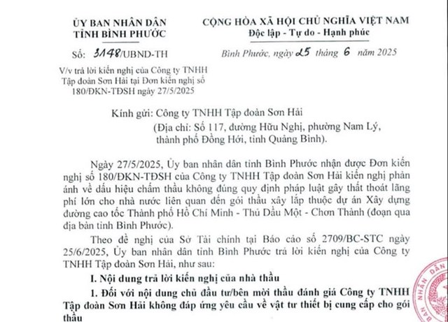 UBND tỉnh B&igrave;nh Phước phản hồi những kiến nghị của Tập đo&agrave;n Sơn Hải đối với việc chấm thầu g&oacute;i x&acirc;y lắp thuộc dự &aacute;n x&acirc;y dựng đường cao tốc Tp.HCM - Thủ Dầu Một - Chơn Th&agrave;nh (đoạn qua tỉnh B&igrave;nh Phước).