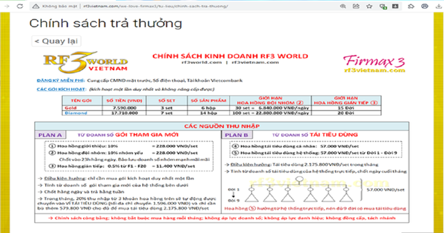 Website giới thiệu sản phẩm v&agrave; cung cấp th&ocirc;ng tin chi trả hoa hồng cho nh&agrave; đầu tư, đại l&yacute; khi tham gia v&agrave;o hệ thống của RF3WORLD. Ảnh: Tiền Phong