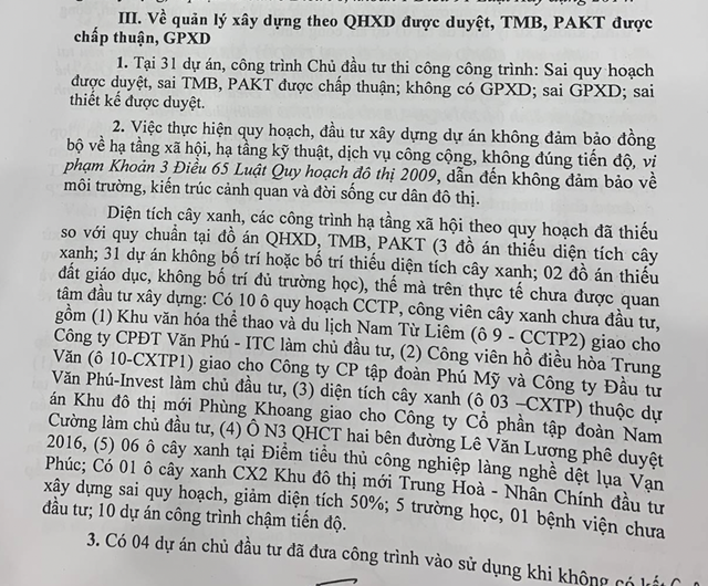 Kết luận của TTCP khẳng định, việc thực hiện quy hoạch, đầu tư x&acirc;y dựng nhiều dự &aacute;n kh&ocirc;ng đảm bảo đồng bộ về hạ tầng.