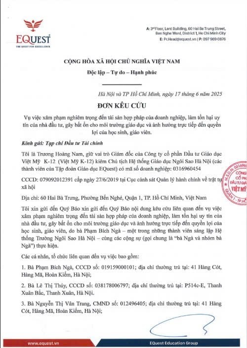 Đơn k&ecirc;u cứu của &ocirc;ng Trương Ho&agrave;ng Nam, Gi&aacute;m đốc của C&ocirc;ng ty cổ phần Đầu tư Gi&aacute;o dục Việt Mỹ K-12 gửi đến VietnamFinance.