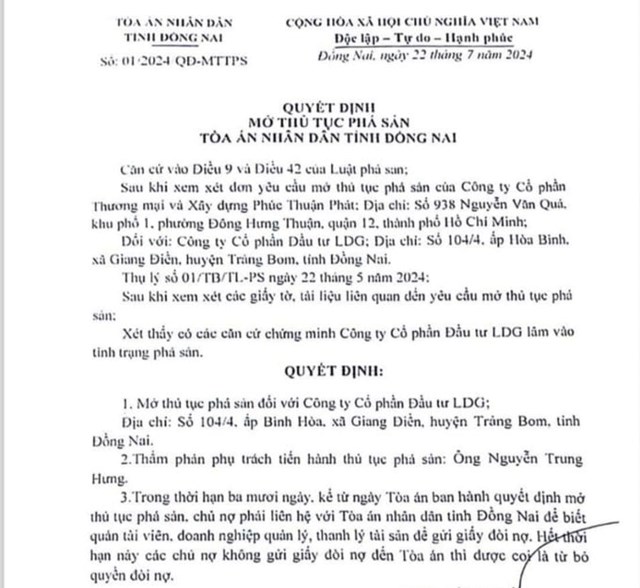 Quyết định của T&ograve;a &aacute;n Nh&acirc;n d&acirc;n tỉnh Đồng Nai về việc mở thủ tục ph&aacute; sản đối với C&ocirc;ng ty Cổ phần Đầu tư LDG.