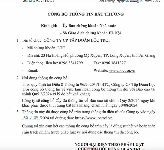 Lộc trời sẽ l&ugrave;i c&ocirc;ng bố b&aacute;o c&aacute;o t&agrave;i ch&iacute;nh v&agrave;o 30/8/2024