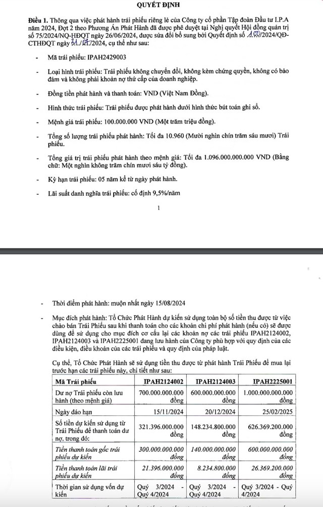 Quyết định ph&aacute;t h&agrave;nh tr&aacute;i phiếu của&nbsp;Tập đo&agrave;n Đầu tư I.P.A
