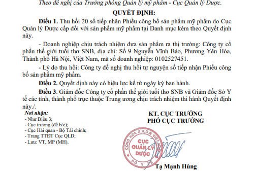 Thu hồi 20 phiếu c&ocirc;ng bố tiếp nhận sản phẩm mỹ phẩm của C&ocirc;ng ty SNB.