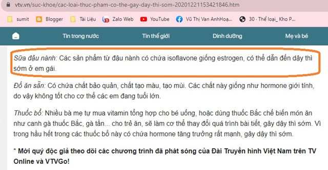 B&aacute;o ch&iacute; đăng tải th&ocirc;ng tin c&aacute;c sản phẩm từ đậu n&agrave;nh c&oacute; chứa isoflavone giống estrogen, c&oacute; thể dẫn đến dậy th&igrave; sớm ở b&eacute; g&aacute;i. Ảnh chụp m&agrave;n h&igrave;nh.