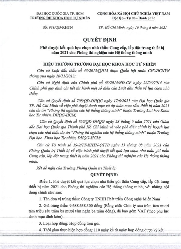 Quyết định ph&ecirc; duyệt kết quả lựa chọn nh&agrave; thầu Cung cấp, lắp đặt trang thiết bị năm 2021 cho Ph&ograve;ng th&igrave; nghiệm c&aacute;c Hệ thống th&ocirc;ng minh cho C&ocirc;ng ty TNHH Ph&aacute;t triển C&ocirc;ng nghệ Miền Nam tr&uacute;ng thầu