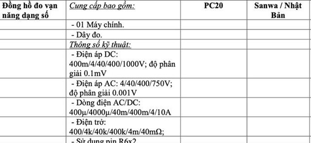 Y&ecirc;u cầu kỹ thuật của thiết bị Đồng hồ đo vạn năng dạng số PC20