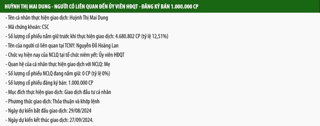 Nội dung đăng k&yacute; b&aacute;n cổ phiếu CSC của b&agrave; Huỳnh Thị Mai Dung