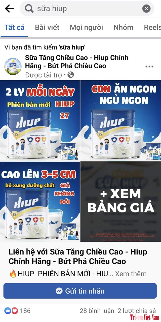 Quảng c&aacute;o khắp hội nh&oacute;m nhằm v&agrave;o vấn đề tăng chiều cao với c&aacute;c gia đ&igrave;nh c&oacute; con nhỏ. Ảnh chụp m&agrave;n h&igrave;nh