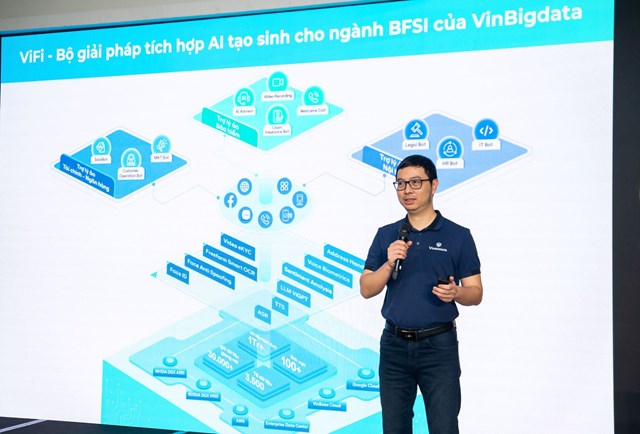 TS. Đ&agrave;o Đức Minh - CEO VinBigdata c&ocirc;ng bố ra mắt Bộ giải ph&aacute;p ViFi t&iacute;ch hợp AI tạo sinh cho ng&agrave;nh BFSI.