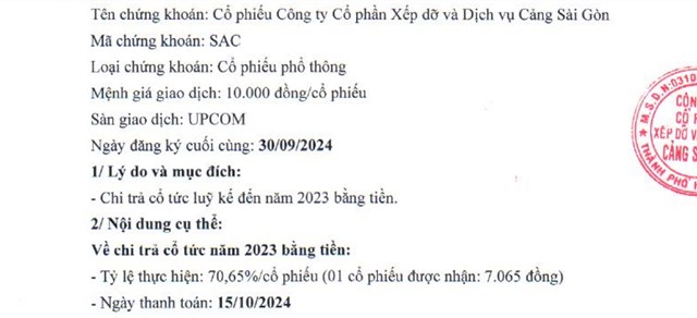 Th&ocirc;ng b&aacute;o chi trả cổ tức 2023 của Sasteco