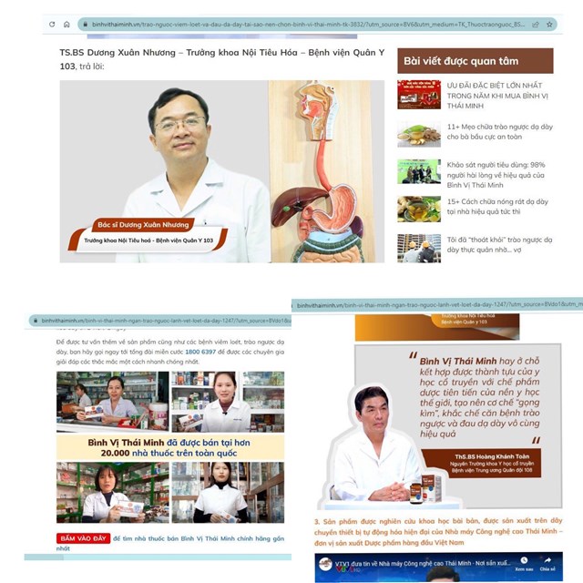 Website n&agrave;y c&ograve;n sử dụng h&igrave;nh ảnh người mặc trang phục của b&aacute;c sĩ, dược sĩ,&hellip; để quảng c&aacute;o cho sản phẩm B&igrave;nh vị th&aacute;i minh