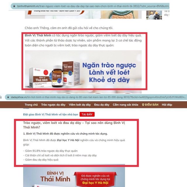 Sản phẩm B&igrave;nh vị Th&aacute;i Minh được quảng c&aacute;o với c&ocirc;ng dụng &ldquo;ngăn tr&agrave;o ngược, giảm vi&ecirc;m lo&eacute;t dạ d&agrave;y hiệu quả&rdquo;, &ldquo;ngăn tr&agrave;o ngược, l&agrave;nh vết lo&eacute;t, khoẻ dạ d&agrave;y&rdquo;,...