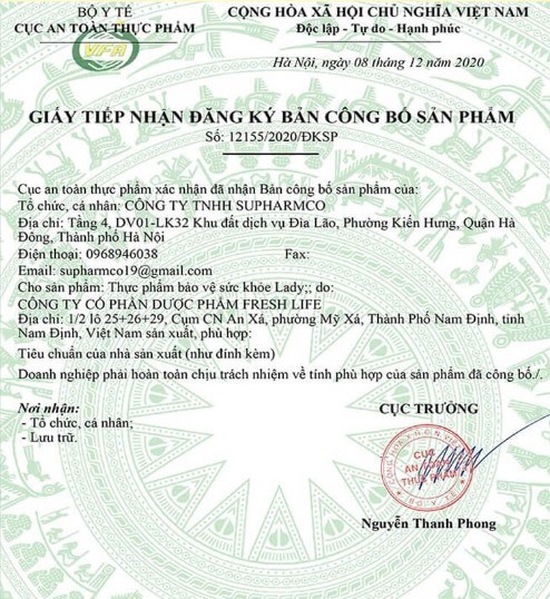Giấy tiếp nhận bản đăng k&yacute; c&ocirc;ng bố sản phẩm đối với TPBVSK Lady.