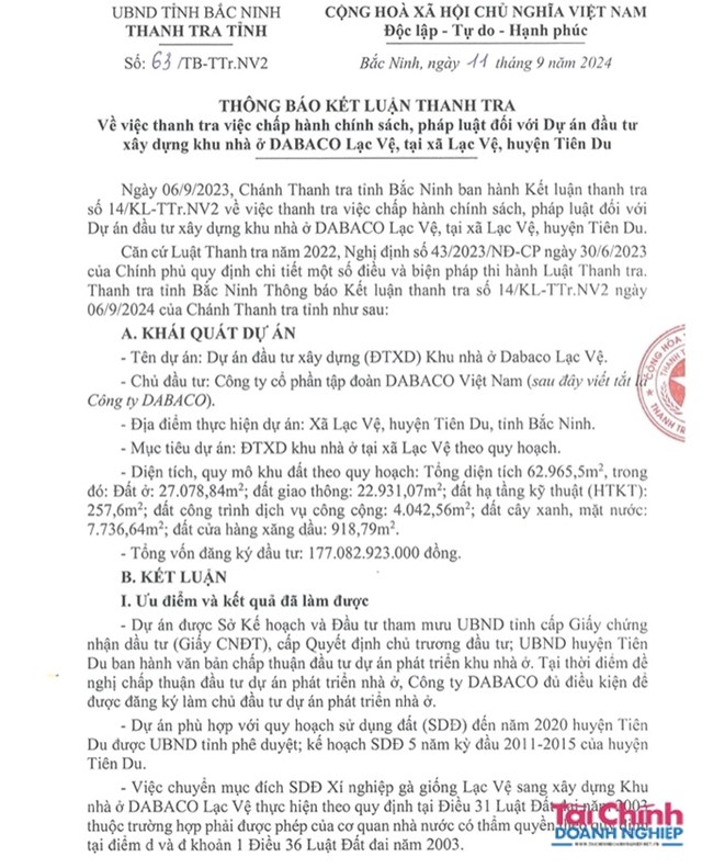 Th&ocirc;ng b&aacute;o kết luận thanh tra về việc chấp h&agrave;nh ch&iacute;nh s&aacute;ch, ph&aacute;p luật đối với dự &aacute;n Khu nh&agrave; ở Dabaco Lạc Vệ do Tập đo&agrave;n Dabaco l&agrave;m chủ đầu tư.