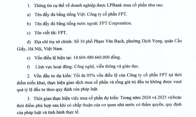 Kế hoạch đầu tư cổ phiếu FPT của LPBank