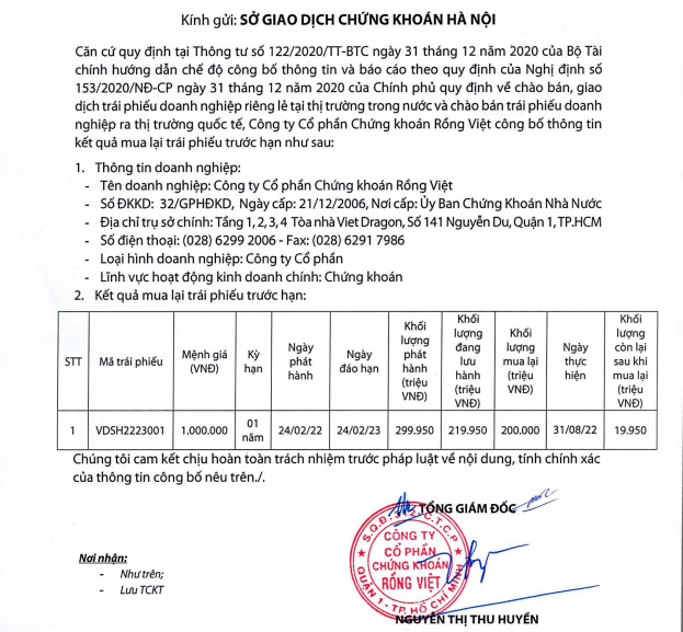 Kết quả mua lại tr&aacute;i phiếu trước hạn của Chứng kho&aacute;n Rồng Việt (nguồn: HNX)