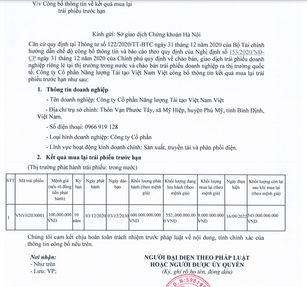 Kết quả mua lại tr&aacute;i phiếu trước hạn của CTCP Năng lượng T&aacute;i tạo Việt Nam (nguồn: HNX)