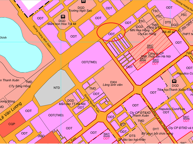 Khu đất c&ocirc;ng tr&igrave;nh NO1 - Handiresco Complex (khoanh tr&ograve;n đỏ) theo quy hoạch sử dụng đất quận Thanh Xu&acirc;n thời kỳ 2021 - 2030