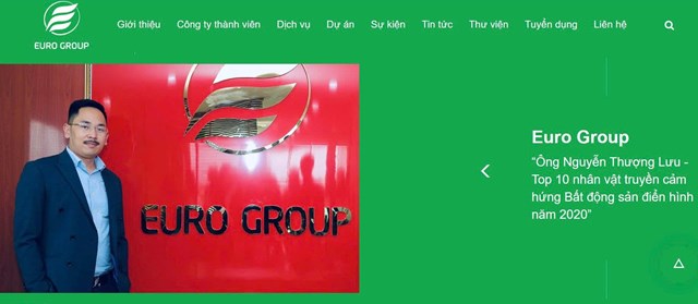 Quảng b&aacute; tr&ecirc;n website của m&igrave;nh, Euro Group giới thiệu &ocirc;ng Nguyễn Thượng Lưu lọt tốp 10 nh&acirc;n vật truyền cảm hứng BĐS điển h&igrave;nh năm 2020 (Ảnh chụp m&agrave;n h&igrave;nh).
