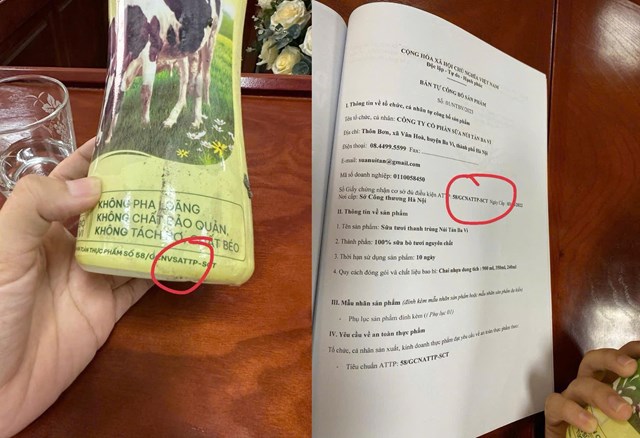 Những k&yacute; tự lệch nhau tr&ecirc;n bản tự c&ocirc;ng bố sản phẩm v&agrave; tr&ecirc;n vỏ chai khiến phụ huynh hoang mang. Ảnh: PHCC
