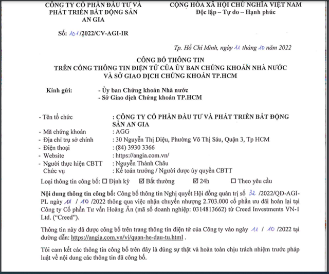 An Gia sẽ nhận chuyển nhượng hơn 2,7 triệu cổ phần từ CTCP Tư vấn Ho&agrave;ng &Acirc;n từ Creed Investments VN-1 Ltd.