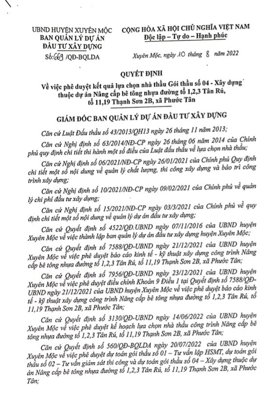 Quyết định ph&ecirc; duyệt kết quả G&oacute;i thầu số 04 - X&acirc;y dựng thuộc dự &aacute;n N&acirc;ng cấp b&ecirc; t&ocirc;ng nhựa đường tổ 1, 2, 3 T&acirc;n R&uacute;, tổ 11, 19 Thạch Sơn 2B, x&atilde; Phước T&acirc;n