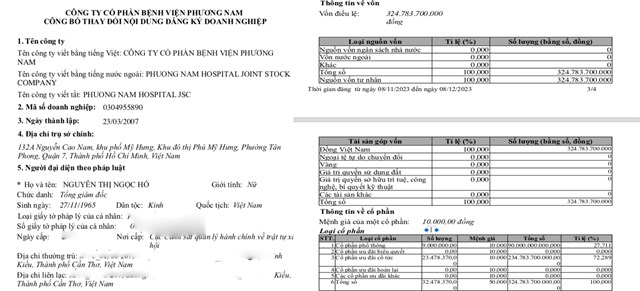 Từ th&aacute;ng 9/2023, người đại diện theo ph&aacute;p luật của C&ocirc;ng ty cổ phần Bệnh viện Phương Nam l&agrave;&nbsp; b&agrave; Nguyễn Thị Ngọc Hồ, chức vụ Tổng gi&aacute;m đốc