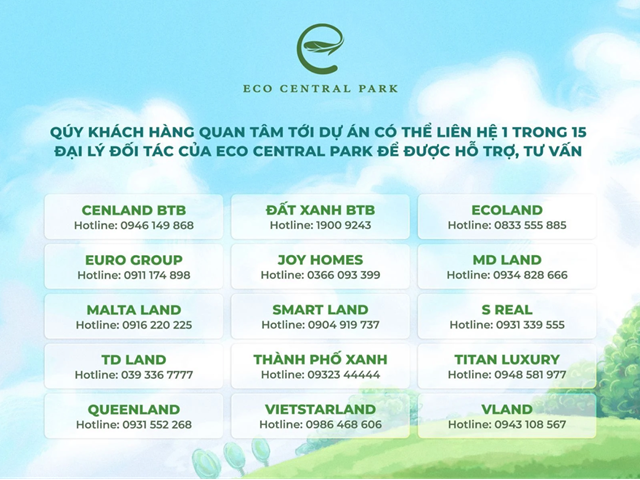 Danh s&aacute;ch c&aacute;c đại l&yacute; ph&acirc;n phối dự &aacute;n Eco Central Park.