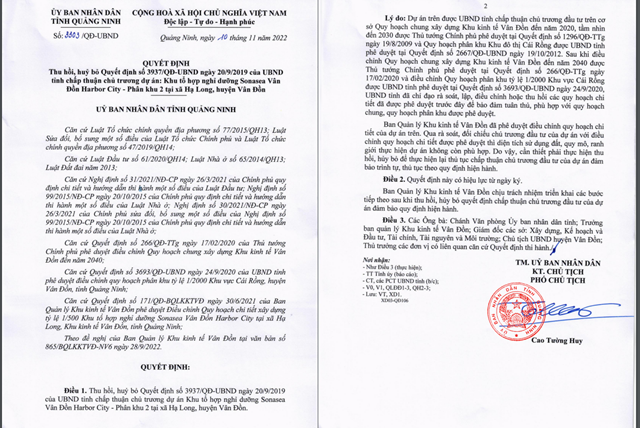 Quyết định của UBND tỉnh Quảng Ninh về việc thu hồi chủ trương đầu tư dự &aacute;n Sonasea V&acirc;n Đồn Harbor City ph&acirc;n khu 2
