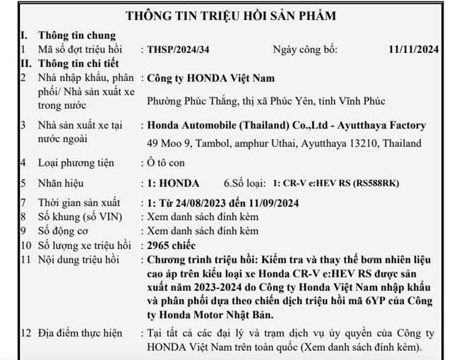 Th&ocirc;ng b&aacute;o triệu hồi xe Honda CR-V của Cục Đăng kiểm Việt Nam