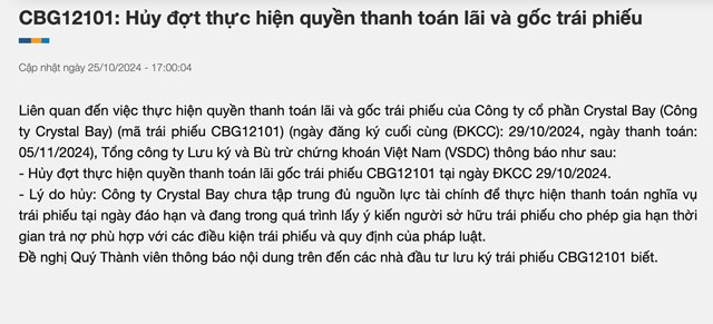 Th&ocirc;ng b&aacute;o huỷ đợt thực hiện quyền thanh to&aacute;n l&atilde;i v&agrave; gốc tr&aacute;i phiếu của Tổng C&ocirc;ng ty lưu k&yacute; v&agrave; B&ugrave; trừ chứng kho&aacute;n Việt Nam.