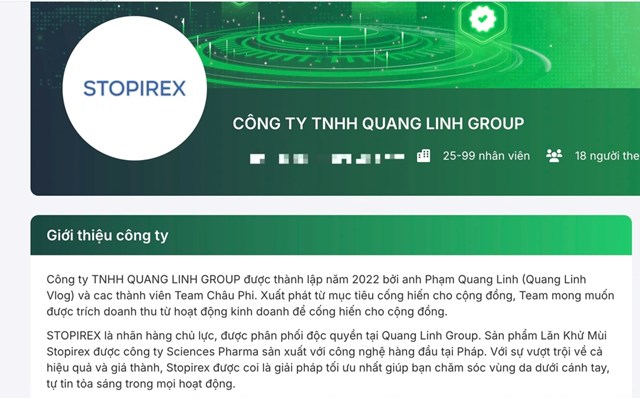 Th&ocirc;ng tin về C&ocirc;ng ty TNHH Quang Linh Group tr&ecirc;n một website tuyển dụng (Ảnh chụp m&agrave;n h&igrave;nh).