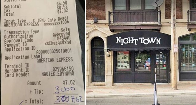 Nh&agrave; h&agrave;ng Nighttown ở th&agrave;nh phố Cleveland v&agrave; h&oacute;a đơn bia 7 USD c&ugrave;ng 3.000 USD tiền tip của vị kh&aacute;ch h&agrave;o ph&oacute;ng h&ocirc;m 22/11. Ảnh: Brendan Ring.