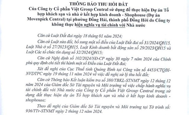 Văn bản thu hồi đất của UBND tỉnh Quảng B&igrave;nh.