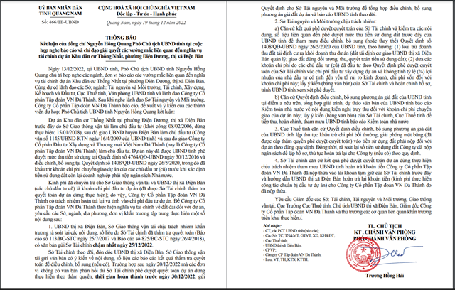 Th&ocirc;ng b&aacute;o kết luận của Ph&oacute; chủ tịch tỉnhNguyễn Hồng Quang về giải quyết nghĩa vụ t&agrave;i ch&iacute;nh dự &aacute;n Khu d&acirc;n cư Thống Nhất.