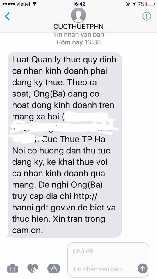  Tin nhắn của cơ quan thuế gửi tới điện thoại của anh Hoàng. 