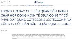 C&ocirc;ng ty Cổ phần x&acirc;y dựng Coteccons ph&aacute;t đi th&ocirc;ng tin b&aacute;o ch&iacute; li&ecirc;n quan đến tranh chấp hợp đồng kinh tế giữa Coteccons v&agrave; CTCP Đầu tư X&acirc;y dựng Ricons. Ảnh chụp m&agrave;n h&igrave;nh