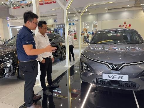 Người d&ugrave;ng &ldquo;mục sở thị&rdquo; VF 6 trưng b&agrave;y tại showroom Long An. &nbsp;